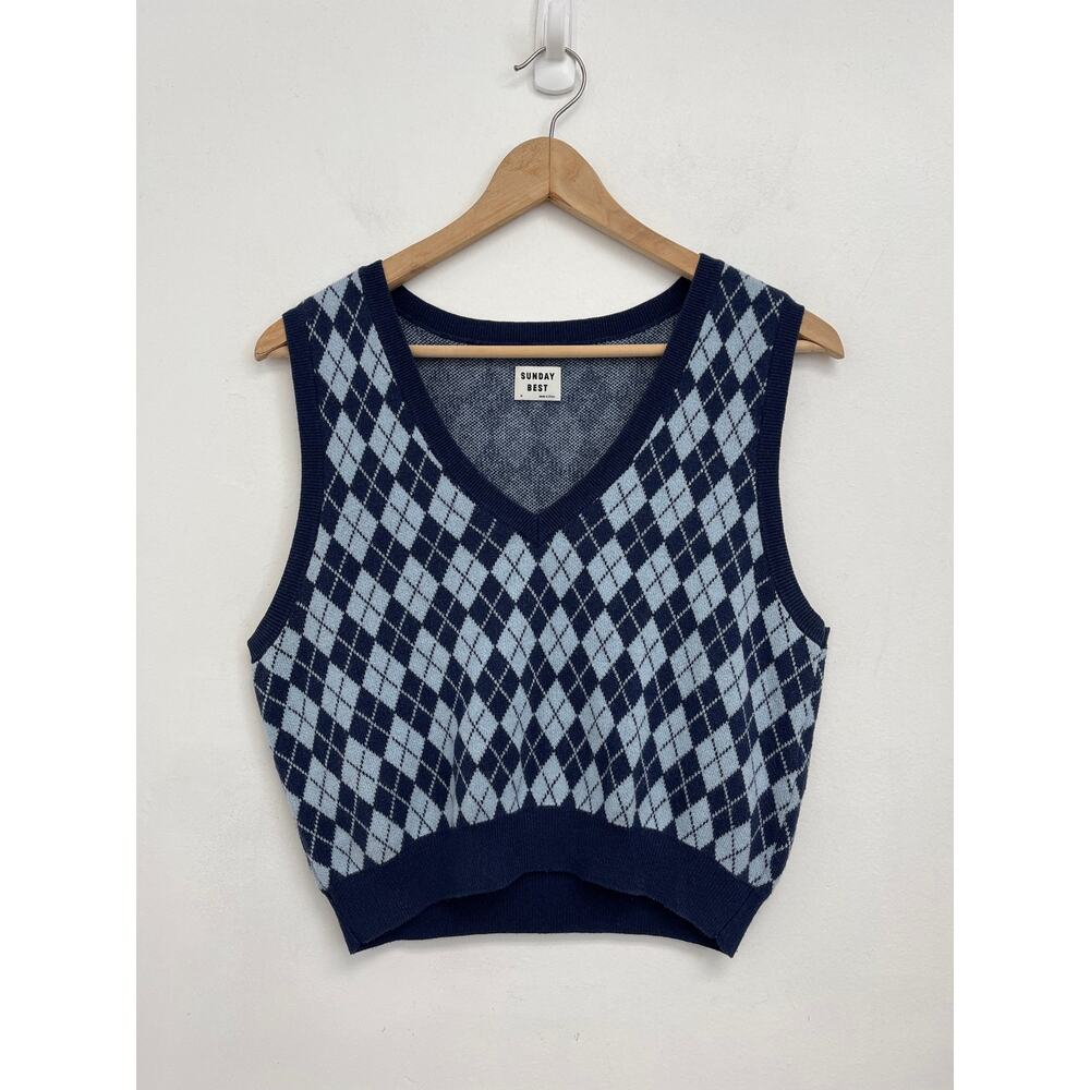 Aritzia Sunday Best Quinn Argyle Sweater Vest V-Neck Cropped Prep Wool Medium